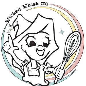 logo with cute witch holing a whisk